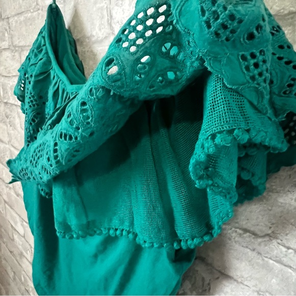 Anthropologie Women's XS Green One Shoulder 100% Cotton Lace Ruffle Top - Picture 3 of 5